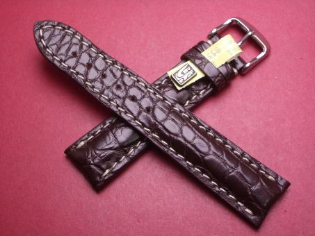 Louisiana Krokodil-Leder-Armband, 20mm im Verlauf auf 18mm an der Schließe, Farbe: dunkelbraun mit heller Naht 