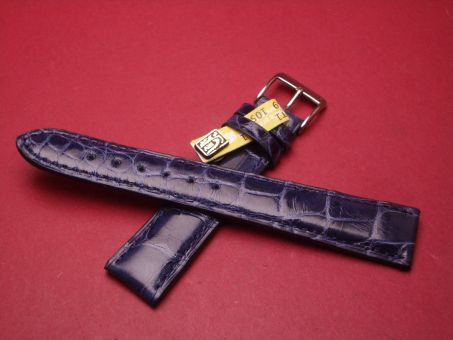 Louisiana Krokodil-Leder-Armband, 18mm im Verlauf auf 16mm an der Schließe, Farbe: blau glänzend 
