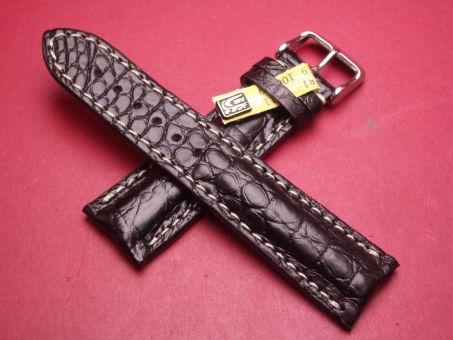 Louisiana Krokodil-Leder-Armband, 22mm im Verlauf auf 20mm an der Schließe, Farbe: schwarz mit heller Naht 