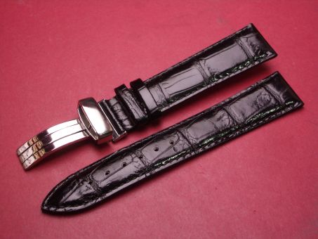 Leder-Armband, Kalbsleder mit Krokoprägung, 20mm im Verlauf auf 18mm, Farbe: schwarz glänzend, mit Faltschließe 