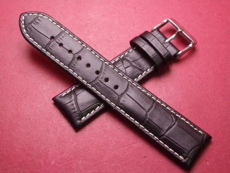 Leder-Armband, Kalbsleder mit Krokoprägung, 22mm im Verlauf auf 20mm, Farbe: schwarz mit heller Naht, XL-Länge 