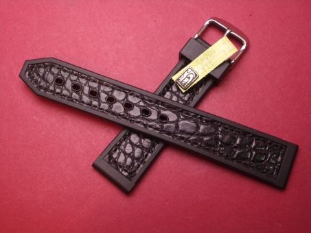 Kautschuk Alligator-Leder-Armband, 20mm im Verlauf auf 18mm Farbe: Schrarz/Schwarz 