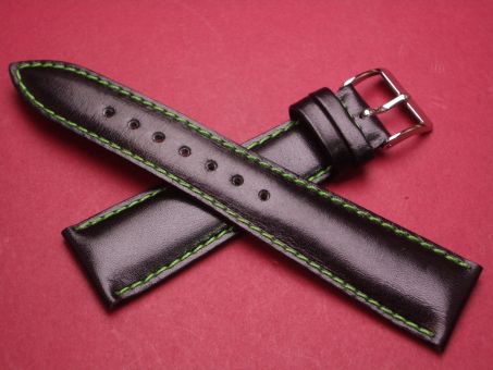 Leder-Armband 20mm im Verlauf auf 16mm,  Farbe: Schwarz Grüne Naht 