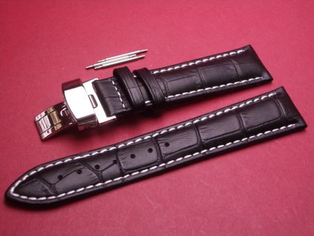 Leder-Armband mit Faltschließe und 3 Federstege Farbe: Schwarz weiße Naht 