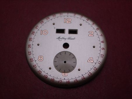 Venus Zifferblatt für Kal. 203 oder 204 (Basiskaliber 180), Ø 31,6mm, creme/gold/rot, "Mathey-Tissot", NOS (New Old Stock) 