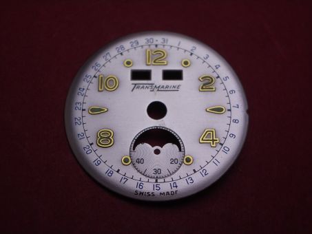 Venus Zifferblatt für Kal. 203 oder 204 (Basiskaliber 180), Ø 26,2mm, silber/gold/blau, "TRANSMARINE", NOS (New Old Stock) 
