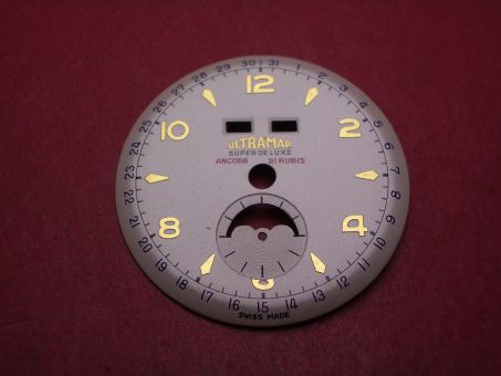 Venus Zifferblatt für Kal. 203 oder 204 (Basiskaliber 180), Ø 28,9mm, weiß/gold/blau, "ULTRAMAR SUPER DE LUXE ANCORA", NOS (New Old Stock) 