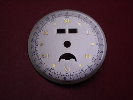 Venus Zifferblatt für Kal. 203 oder 204 (Basiskaliber 180), Ø 30,5mm, creme/gold/blau, NOS (New Old Stock) 