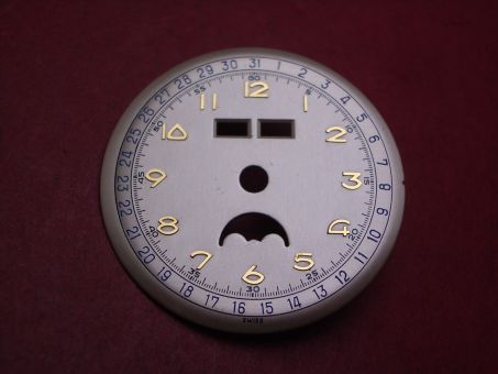 Venus Zifferblatt für Kal. 203 oder 204 (Basiskaliber 180), Ø 30,5mm, creme/gold/blau, NOS (New Old Stock) 