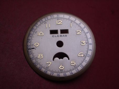 Venus Zifferblatt für Kal. 203 oder 204 (Basiskaliber 180), Ø 30,4mm, creme/gold/blau, "CLEBAR", NOS (New Old Stock) 