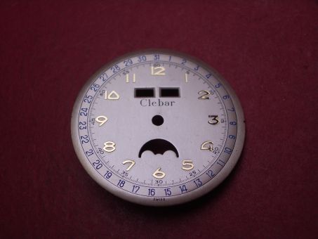 Venus Zifferblatt für Kal. 203 oder 204 (Basiskaliber 180), Ø 30,4mm, creme/gold/blau, "CLEBAR", NOS (New Old Stock) 