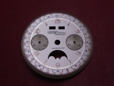 Venus Zifferblatt für Kal. 203 oder 204 (Basiskaliber 180), Ø 32,4mm, creme/rosé/rot/blau, "NICOLET WATCH", NOS (New Old Stock) 