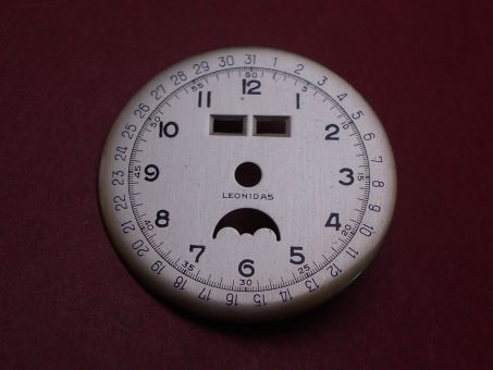 Venus Zifferblatt für Kal. 203 oder 204 (Basiskaliber 180), Ø 30,5mm, creme/schwarz/blau, "LEONIDAS", NOS (New Old Stock) 