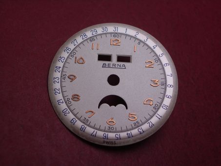 Venus Zifferblatt für Kal. 203 oder 204 (Basiskaliber 180), Ø 30,4mm, weiß/rosé/blau, "BERNA", NOS (New Old Stock) 