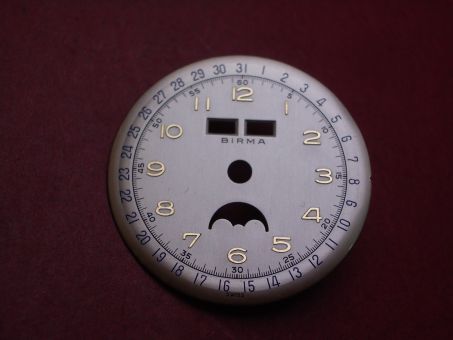 Venus Zifferblatt für Kal. 203 oder 204 (Basiskaliber 180), Ø 30,5mm, creme/gold/blau, "BIRMA", NOS (New Old Stock) 