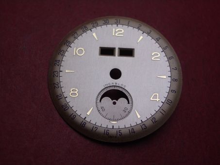 Venus Zifferblatt für Kal. 203 oder 204 (Basiskaliber 180), Ø 31,5mm, creme/gold/blau, "INCABLOC", NOS (New Old Stock) 