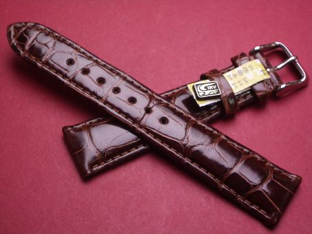 Louisiana Krokodil-Leder-Armband, 19mm im Verlauf auf 16mm, Farbe: dunkelbraun glänzend (große Narbung) gelbe Schließe