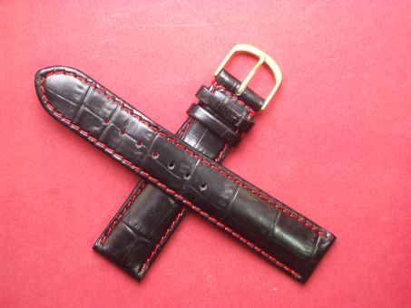 Leder-Armband  20mm im Verlauf auf 18mm, Signiert: MeisterSinger, Farbe: Schwarz mit roter Naht 