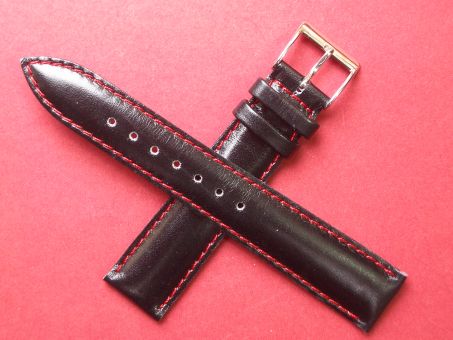 Leder-Armband 18mm auf 16mm im Verlauf Farbe: Schwarz rote Naht Schließe weiß