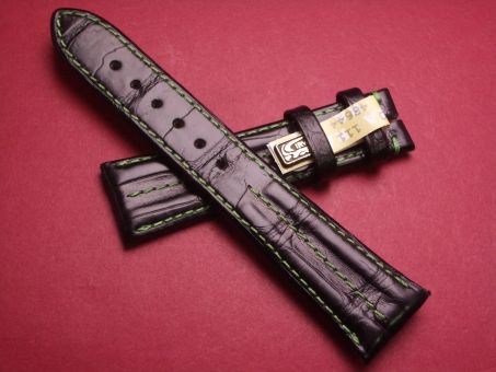 Louisiana Krokodil-Leder-Armband 22mm im Verlauf auf 18mm, signiert: Chronoswiss, Farbe: schwarz mit grüner Naht 