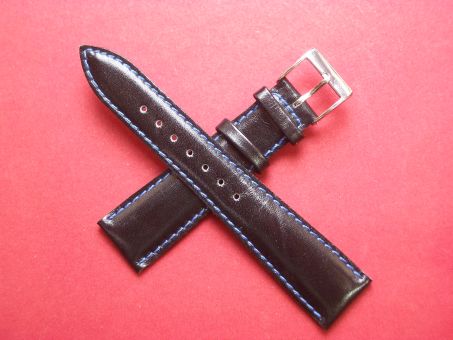 Leder-Armband 20mm im Verlauf auf 16mm,  Farbe: Schwarz Blaue Naht 