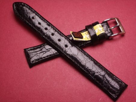 Krokodil-Leder-Armband, 16mm auf 14mm, Farbe: schwarz glänzend allergiegeschützt 