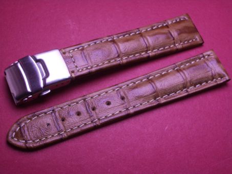 Leder-Armband 20mm im Verlauf auf 18mm, Farbe: braun mit weißer Naht, Edelstahl-Sicherheitsfaltschließe 