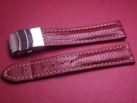 Leder-Armband 20mm im Verlauf auf 18mm, Farbe: rot-braun mit weißer Naht, Edelstahl-Sicherheitsfaltschließe 