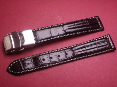 Leder-Armband 18mm im Verlauf auf 16mm, Farbe: schwarz mit weißer Naht, Edelstahl-Sicherheitsfaltschließe 