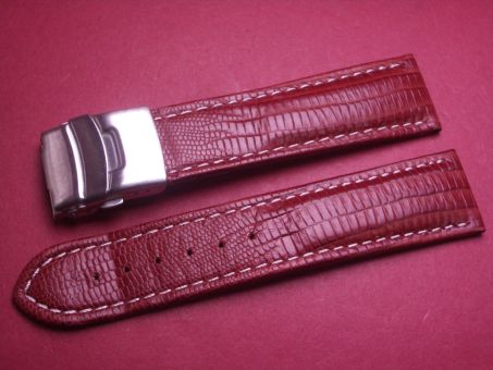 Leder-Armband 24mm im Verlauf auf 22mm, Farbe: rot-braun mit weißer Naht, Edelstahl-Sicherheitsfaltschließe 