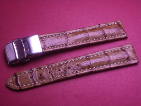 Leder-Armband 18mm im Verlauf auf 16mm, Farbe: braun mit weißer Naht, Edelstahl-Sicherheitsfaltschließe 