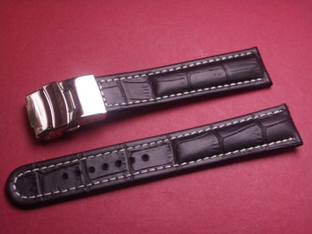 Leder-Armband 20mm im Verlauf auf 18mm, Farbe: schwarz mit weißer Naht, Edelstahl-Sicherheitsfaltschließe 