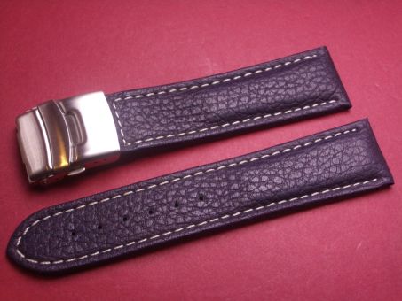 Leder-Armband 24mm im Verlauf auf 22mm, Farbe: blau mit weißer Naht, Edelstahl-Sicherheitsfaltschließe 