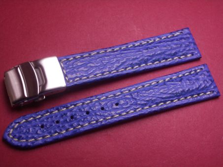 Leder-Armband 20mm im Verlauf auf 18mm, Farbe: blau mit weißer Naht, Edelstahl-Sicherheitsfaltschließe 