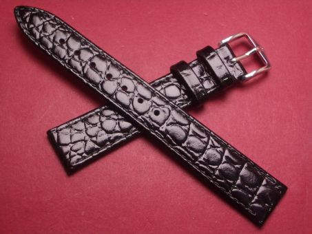 Hirsch Uhren-Armband, Kalbsleder mit Krokoprägung, 16mm im Verlauf auf 14mm, Farbe: schwarz glänzend 
