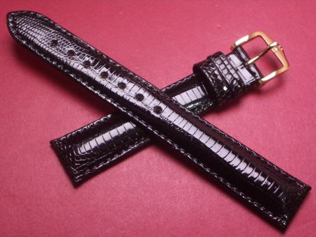 Hirsch Uhren-Armband, Eidechsenleder, 16mm im Verlauf auf 14mm, Farbe: schwarz glänzend 