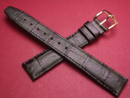 Hirsch Uhren-Armband, Kalbseder mit Krokoprägung, 16mm im Verlauf auf 14mm, Farbe: dunkelgrün mit schwarz 