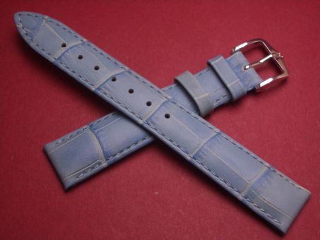 Hirsch Uhren-Armband, Kalbsleder mit Krokoprägung, 16mm im Verlauf auf 14mm, Farbe: babyblau matt 