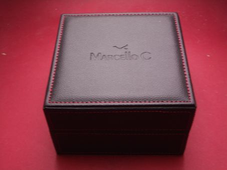 Marcello C. Uhrenbox, Leder schwarz mit roter Naht, 13,5cm x 13,5cm x 9cm, gebraucht 
