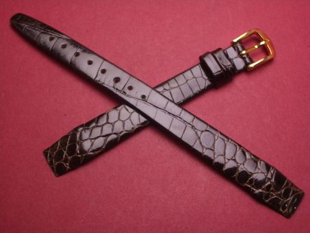 Hirsch Uhren-Armband, Krokoleder, 12mm im Verlauf auf 10mm, für feste Stege, Farbe: dunkelbraun glänzend 