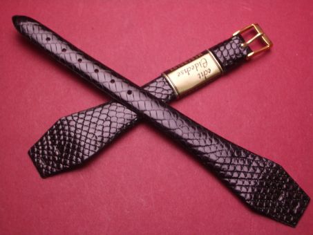 Mercrolux Vintage-Uhren-Armband, Eidechsenleder, 17mm im Verlauf auf 9mm, für feste Stege, Farbe: schwarz glänzend 