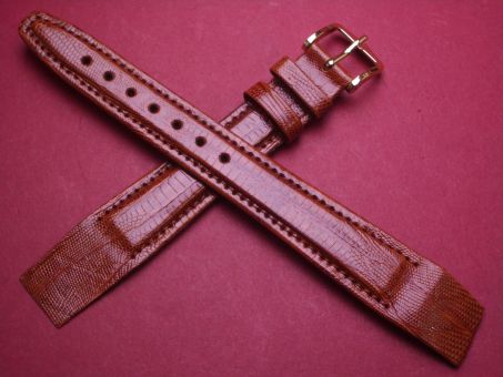Hirsch Uhren-Armband, Eidechsenleder, 17mm im Verlauf auf 14mm, für feste Stege, Farbe: braun glänzend 