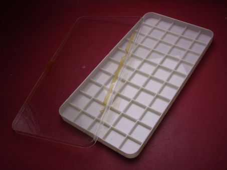 Aufbewahrungs-, /Transport- / oder Sortierbox aus Kunststoff, 21cm x 11cm x 1,2cm, mit 50 kleinen Innenfächern, gebraucht (evtl. mit Kleberresten) 