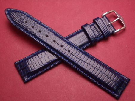 Hirsch Uhren-Armband, Kalbsleder mit Eidechsenprägung, 18mm im Verlauf auf 16mm, Farbe: dunkelblau gelbe Schließe