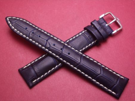 Hirsch Uhren-Armband, Kalbsleder mit Krokoprägung, 18mm im Verlauf auf 16mm, Farbe: dunkelblau mit weißer Naht 
