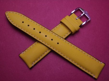Hirsch Uhren-Armband, Kalbsleder mit Kautschuk, 18mm im Verlauf auf 16mm, Farbe: gelb mit weißer Naht 