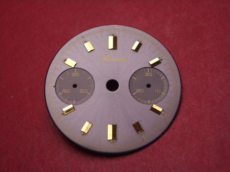 Landeron Chronographen-Zifferblatt, Ø 29mm, anthrazit mit goldfarbigen Inlays, für Kaliber 11, 13, 47, 48, 49 uvm., NOS (New Old Stock) 
