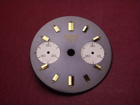 Landeron Chronographen-Zifferblatt, Ø 29mm, anthrazit mit goldfarbigen Inlays, für Kaliber 11, 13, 47, 48, 49 uvm., NOS (New Old Stock) 