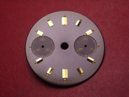 Landeron Chronographen-Zifferblatt, Ø 29mm, anthrazit mit goldfarbigen Inlays, für Kaliber 11, 13, 47, 48, 49 uvm., NOS (New Old Stock) 