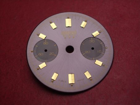 Landeron Chronographen-Zifferblatt, Ø 29mm, anthrazit mit goldfarbigen Inlays, für Kaliber 11, 13, 47, 48, 49 uvm., NOS (New Old Stock) 